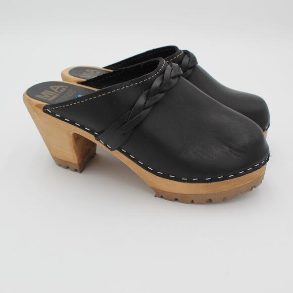 MIA Swedish Clogs 37 Womens 7 Black Leather Braided Wooden Heel Comfort Shoe - Picture 1 of 9